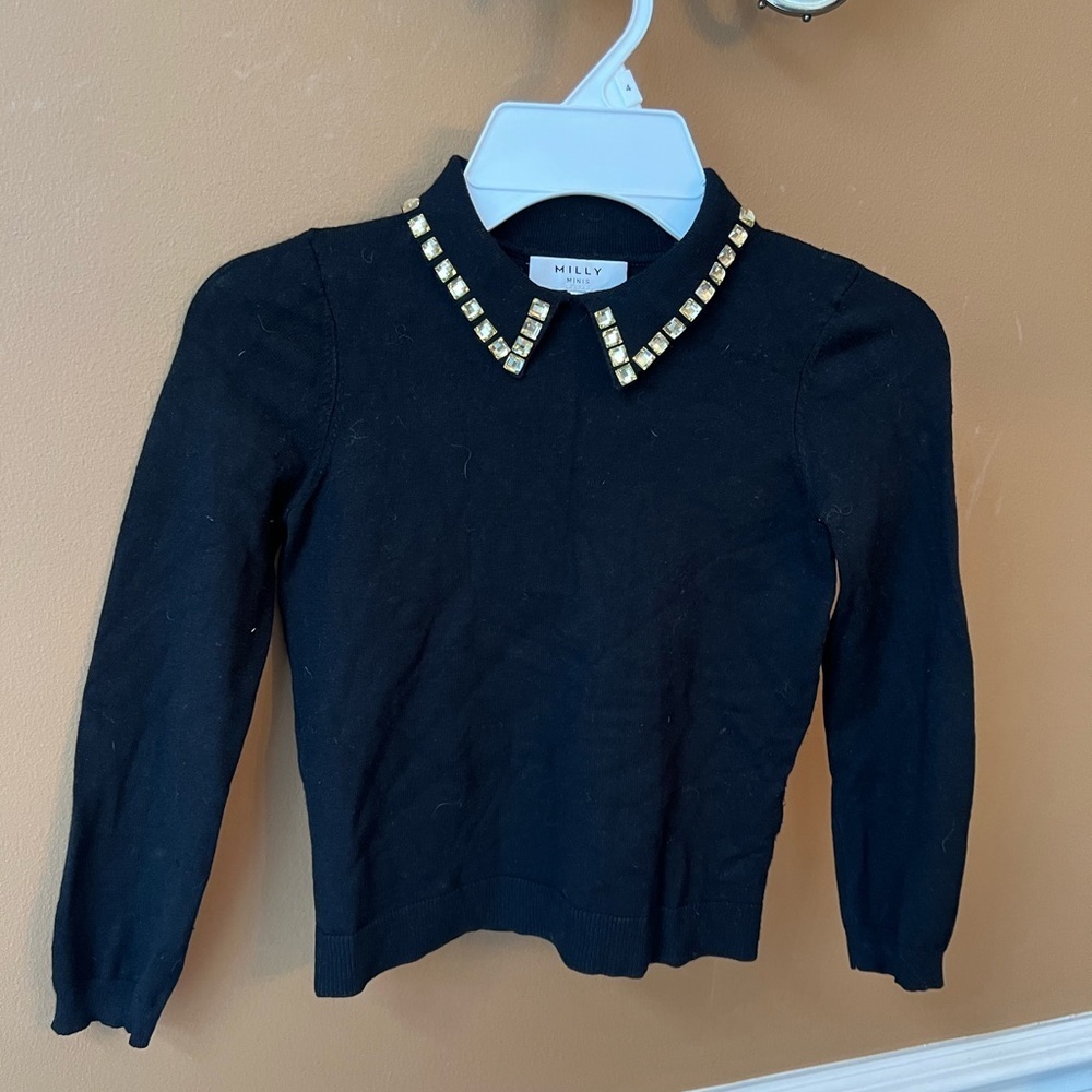 Milly Minis Girls Diamond Studded Point Collar Black Sweater Size 6/7